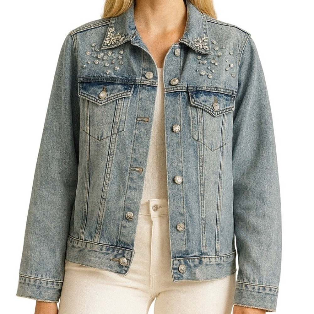 HM Denim Rhinestone Embellished Trucker Jacket Light Wash Blue US 12 0566220 6